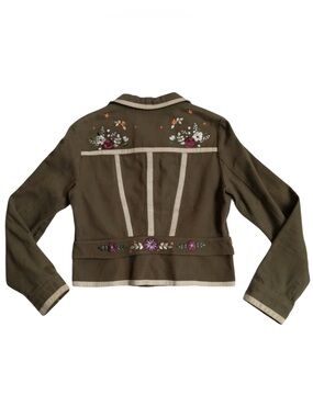 Moda International Olive Green Floral Embroidered Crop Blazer Jacket Cottagecore